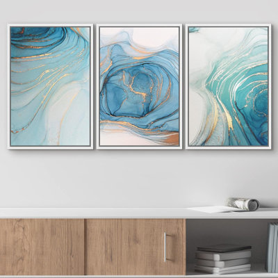 Pastel Gold Blue Teal Smoke Wave Swirls Abstract Shapes Illustrations Modern Art Decor