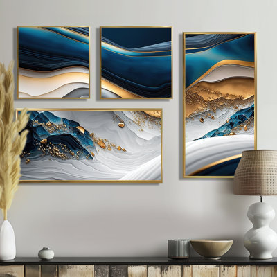 «Abstract Geode Waves Blue II», reproductions d'art sur toile 4 pièces