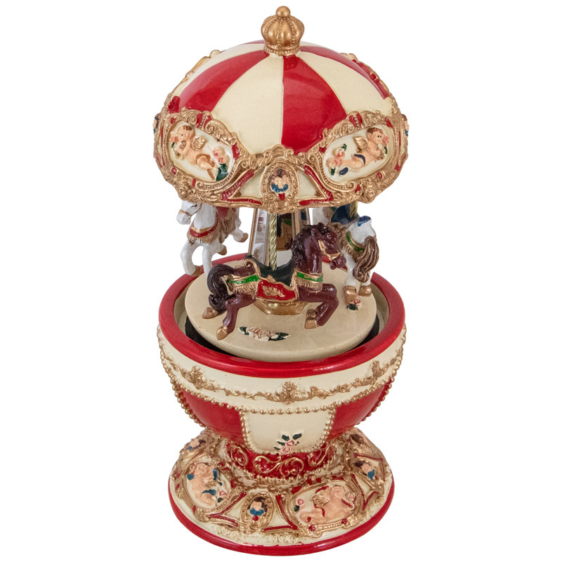 Ivory and Red Resin 7.25" Musical Horse Carousel