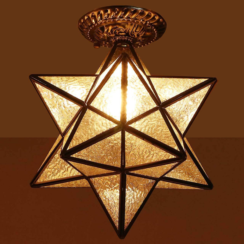 12-Inch Moravian Star Tiffany Style Stained Glass Semi Flush Mount Ceiling Fixture, Suitable For Decorating Room (Iridescent)