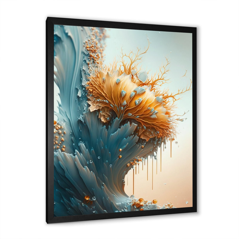 «Abstract Blue and Gold Leaves I», reproduction sur toile, H 32 po x l 16 po x P 1 po, Toile encadrée noire à coins fermés