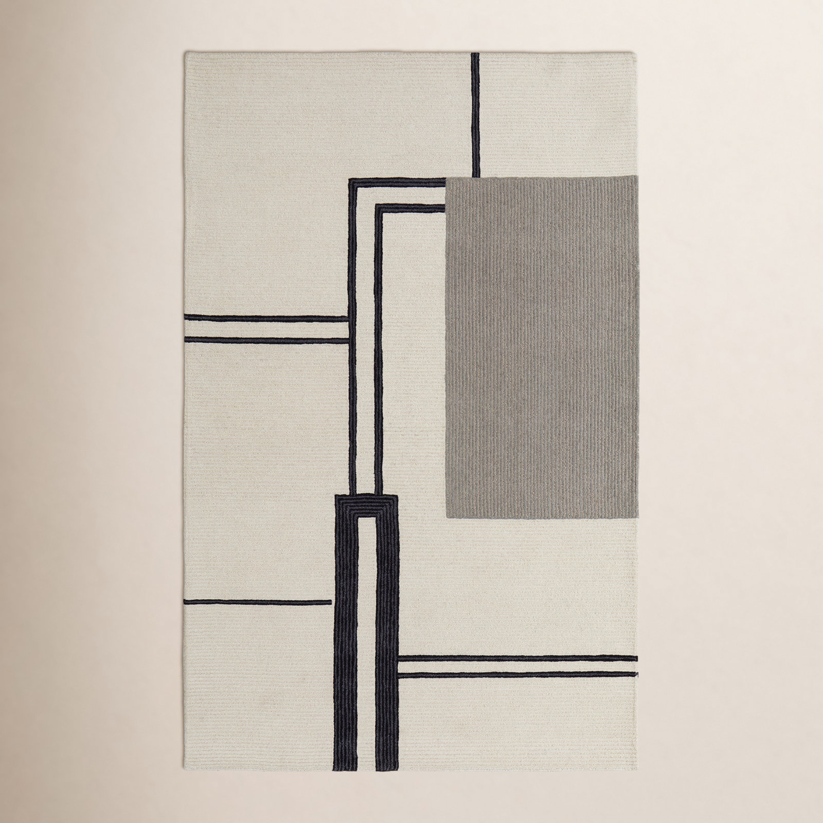 Nobu Architectural Mid-Century Modern, Ivory / Black, 5' X 8' Area Rug, Rectangle 5' x 8'