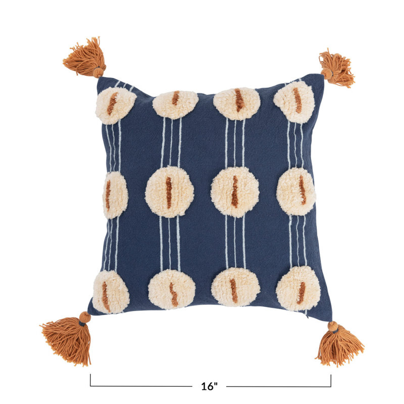 Blue Cotton Embroidered Square Pillow with Tassels