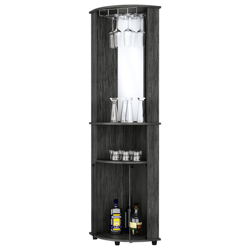 Ensemble de bar à 3 tablettes en chêne avec portes vitrées et armoire en chêne