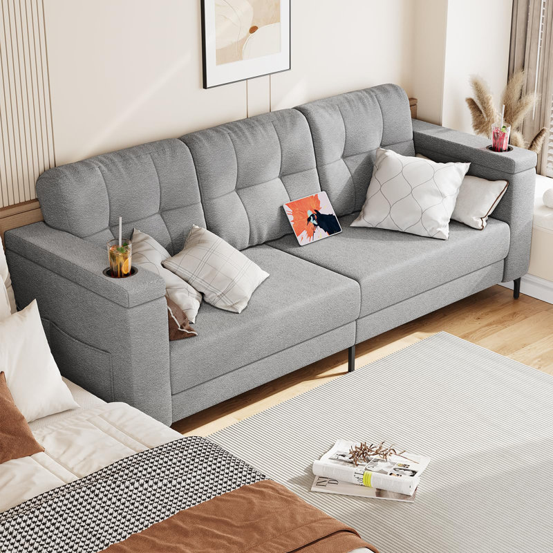 Canapé de 83,5 pouces à 3 places avec accoudoirs de rangement, fabrication élégante en éponge et en fer, canapé moderne confortable avec porte-revues pour le salon