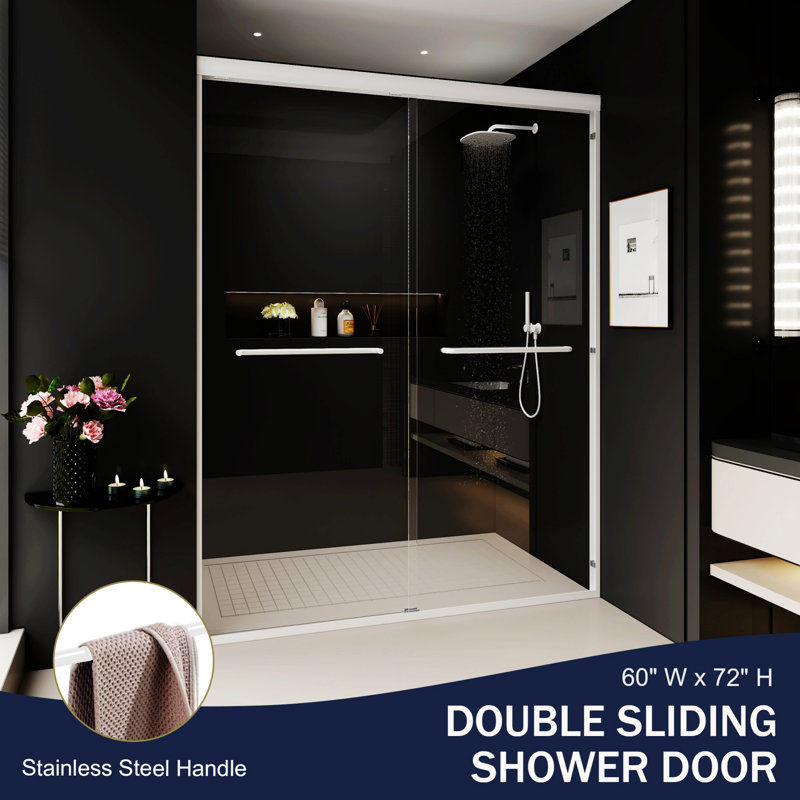 Double Sliding Shower Door, Semi-frameless Bypass Bathroom Sliding Door, White