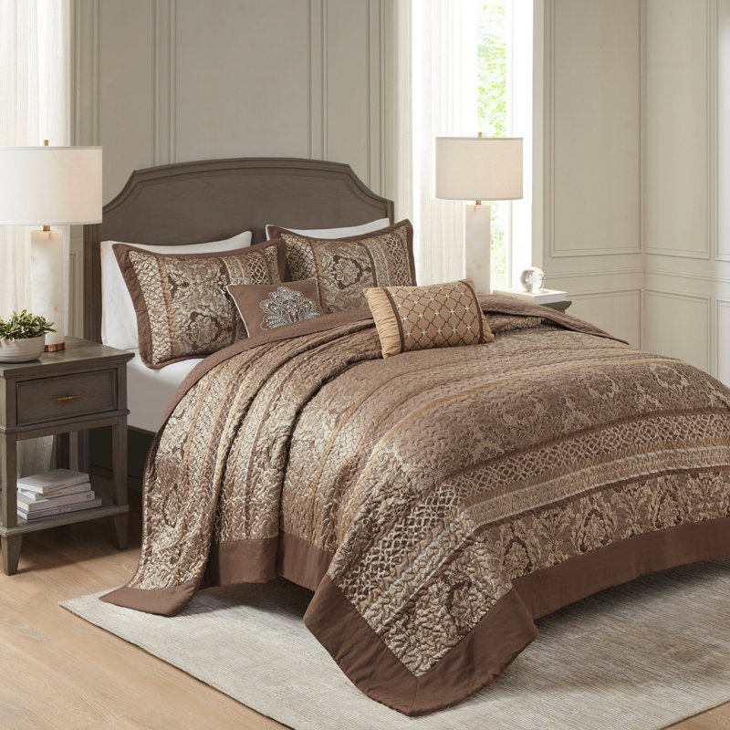 5 Piece Reversible Jacquard Bedspread Set Brown/Gold Queen