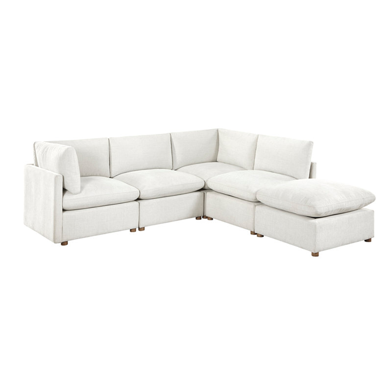 Canapé modulaire moderne 5 pièces avec repose-pieds et tissu beige avec revêtement en bois massif durable