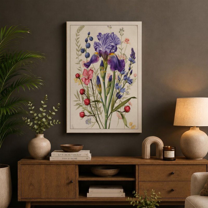 Iris and Specimen Botanical - Wrapped Canvas, 36x24 - 91.4 x 61.0 cm, Black Border