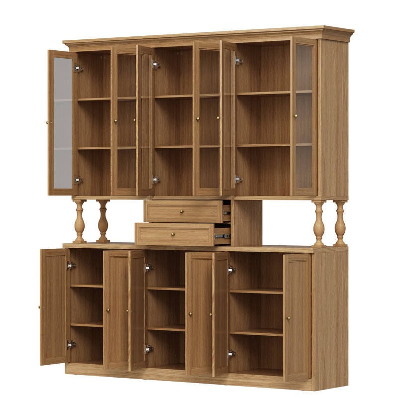 Meuble de rangement traditionnel en bois clair avec portes vitrées, tiroirs, étagères réglables, colonnes romaines en bois massif et poignées dorées.