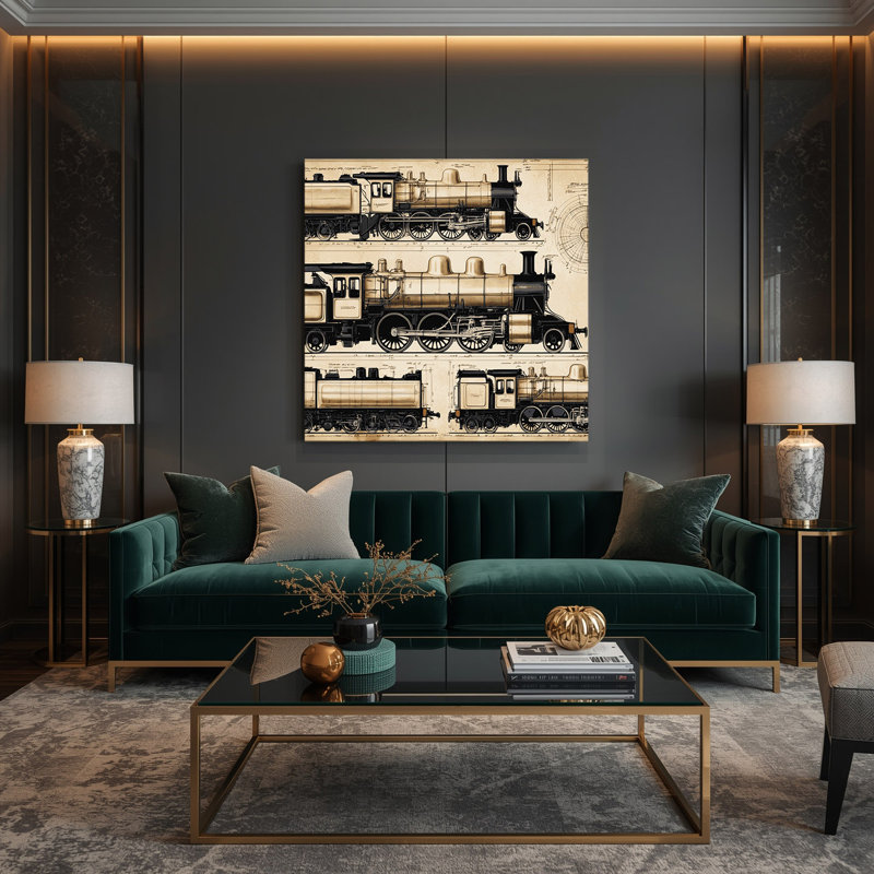 Transportation Locomotive technical drawings Beige Canvas Wall Art, 16" H x 16" W