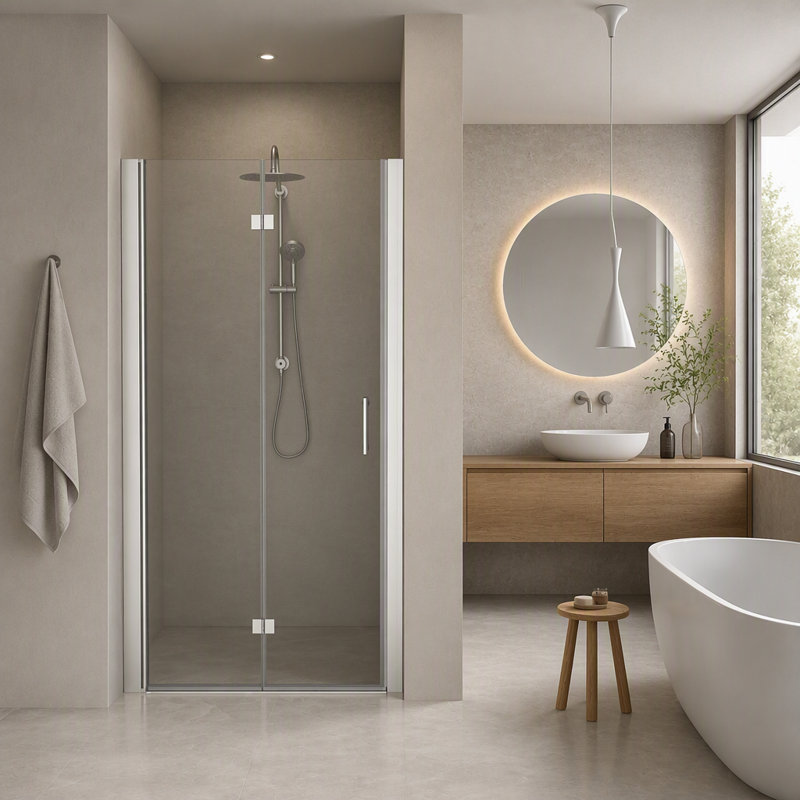Porte de douche pliante sans cadre de 76 cm (L) x 183 cm (H) en verre trempé de 6 mm d'épaisseur, fini argent brossé
