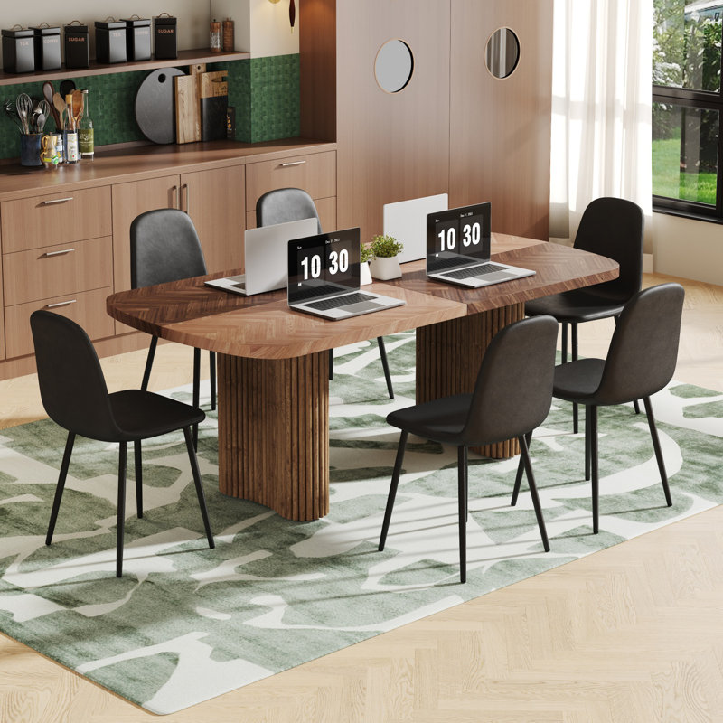 Ensemble de table de salle à manger à double caisson, Noir, 7 pièces : table, 6 chaises