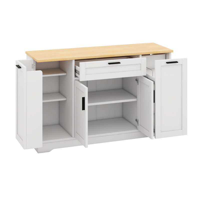Multi-Functional Storage Sideboard,Extendable Dining Table, Adjustable Shelves,3-Tier Pull-Out Rack, White