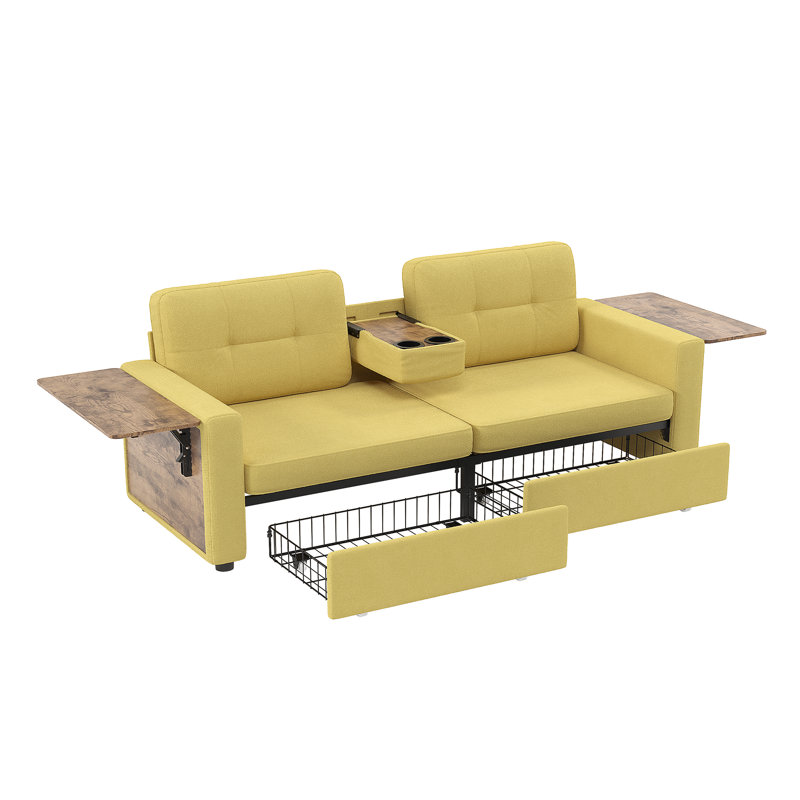 Canapé deux places avec tiroirs de rangement, tables d'appoint pliables et console porte-gobelets, Yellow Chenille, Yellow