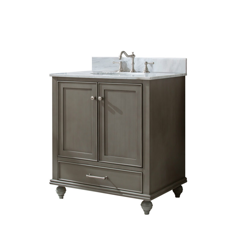 Ensemble de meuble-lavabo simple 30 po Angelissa, Gris argenté, Pierre naturelle blanc de Carrare