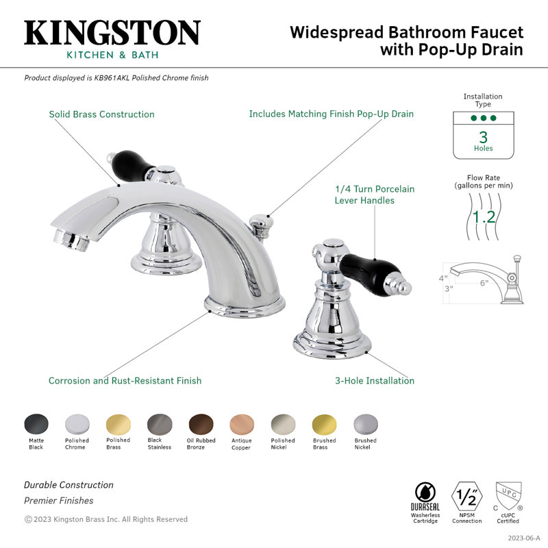 Kingston Brass Duchess Two-Handle 3-Hole Deck Mount Widespread Bathroom Faucet with Retail Pop-Up Drain, Polished Brass