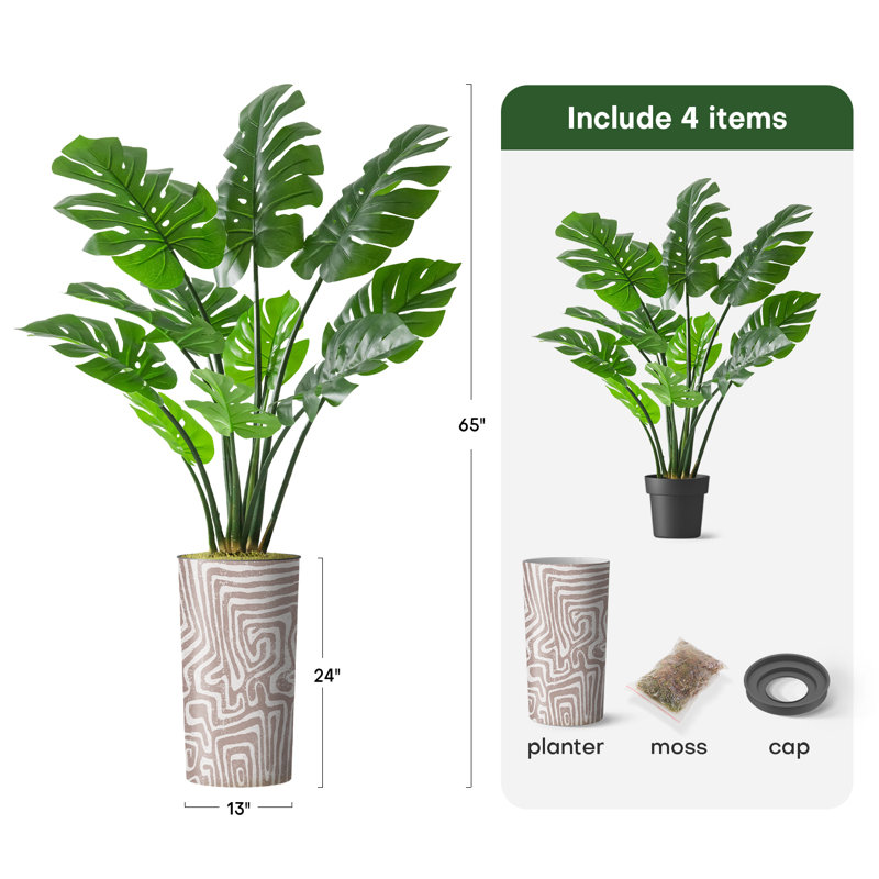 Faux verdure grands arbres artificiels d'intérieur et d'extérieur en soie Monstera en solde, Motif de tourbillons roses