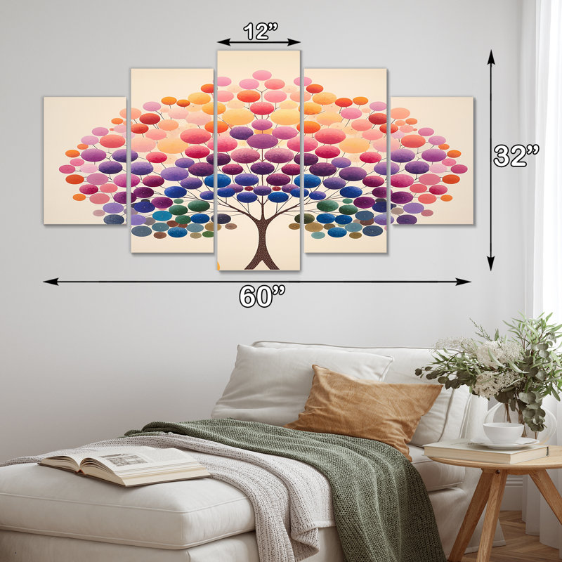 Abstrait cercle graphique arbre mauve jaune - ensemble de décoration murale arbre chêne 5 pièces, H 32 po x l 60 po
