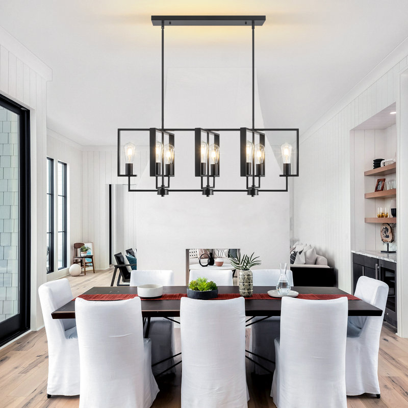  Luminaire suspendu en métal pour îlot de cuisine 8 lumières Kubis, Noir mat