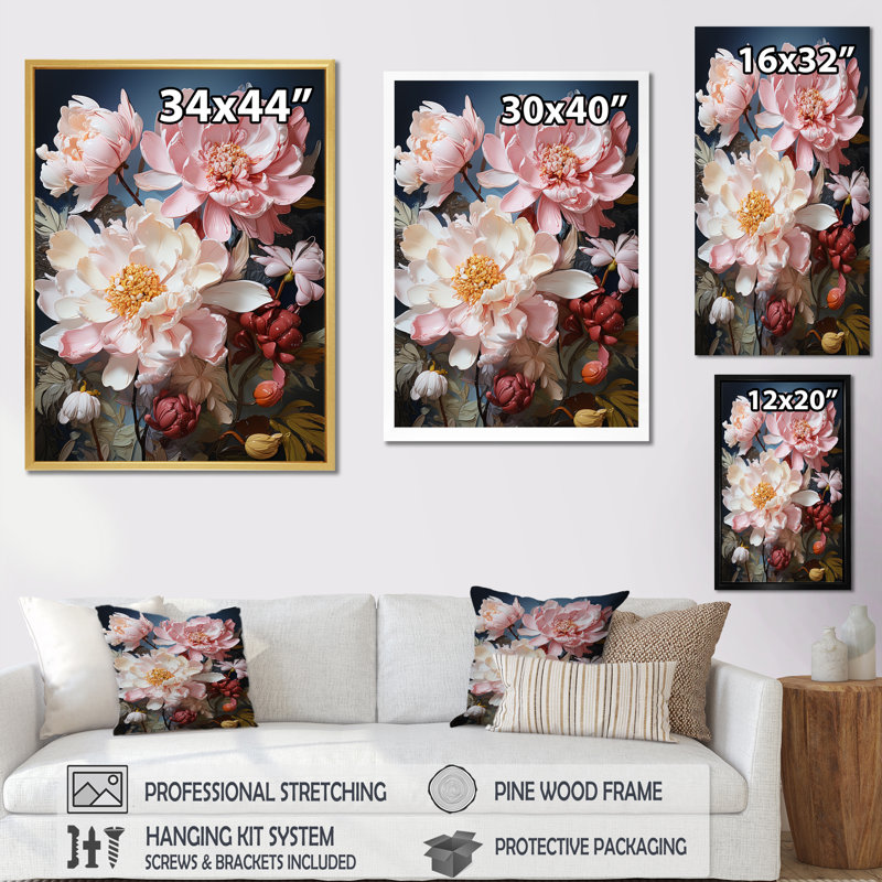 Art pivoines roses sur fond de fleurs sur toile, Cadre naturel flottant, H 20 po x l 12 po x P 1 po