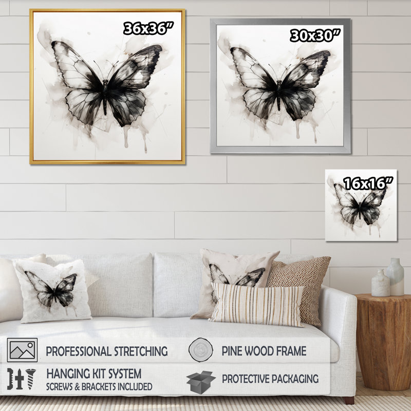 Papillon, aquarelle noir et blanc I, H 16 po x l 16 po x P 1 po, Toile tendue