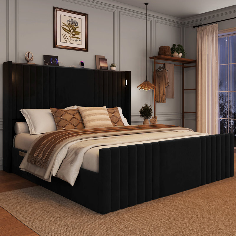 Velvet Upholstered Wingback Platform Bed, Black, King