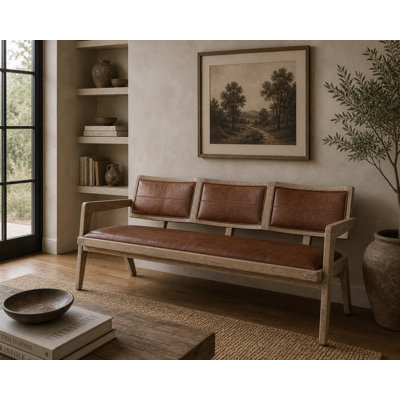 Banc avec accoudoirs en cuir Mid-Century tissé vieilli naturel