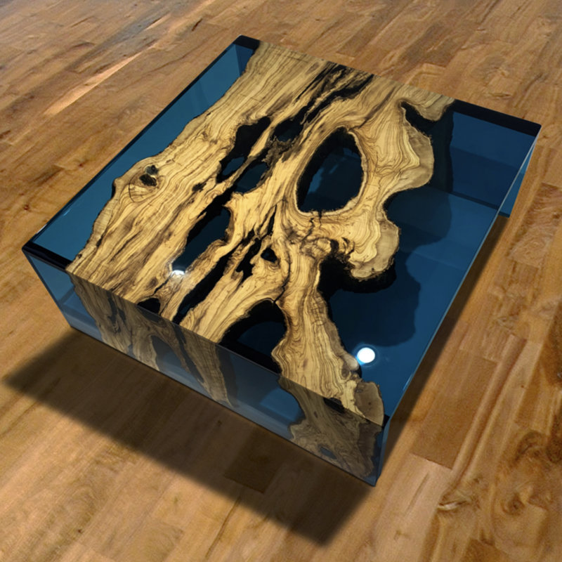 Coffee Table, 13.7'' H x 39.4" L x 39.4" W, Blue/Natural Wood