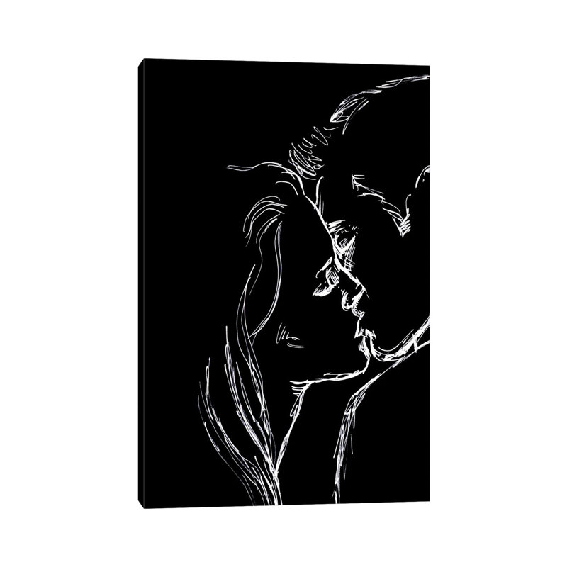«Kiss - Black and White» par Fanitsa Petrou - reproduction d'art sur toile tendue, H 26 po x l 18 po x 1,5 po