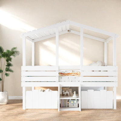 Lits mezzanine jumeaux avec rangement, chambre d'enfant de style ferme en bois MDF