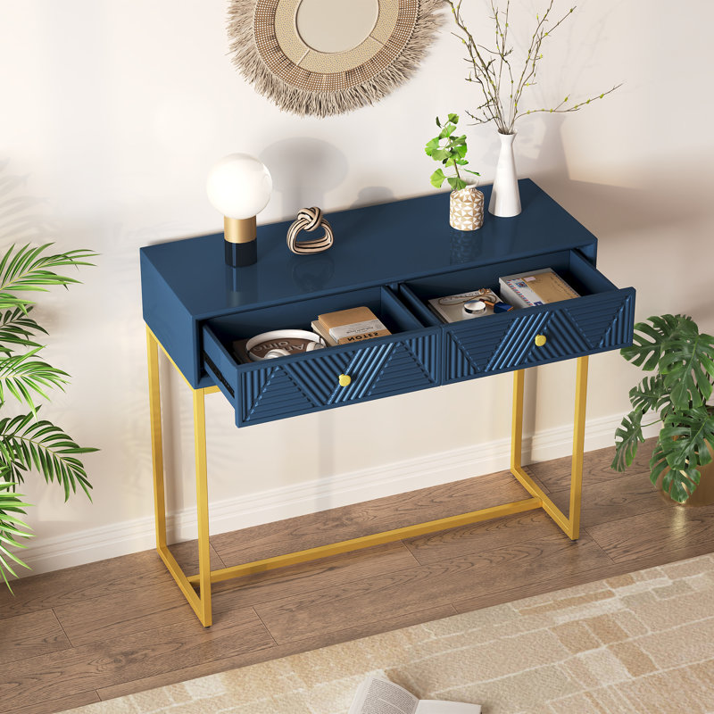 Modern console table with two storage drawers & stripe design, sleek entryway sofa table for living room & hallway, navy