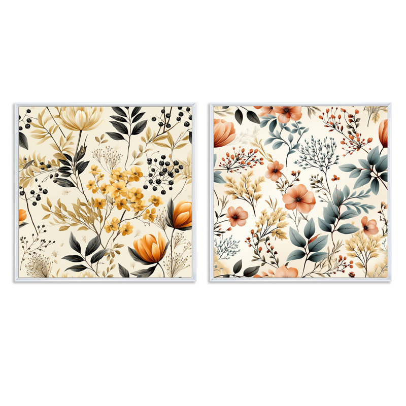Gaetan - Ensemble de 2 collages carrés botaniques abstraits, Cadre flottant blanc, H 30 po x l 61 po