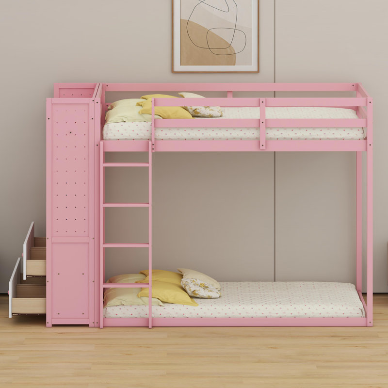 Multi-Functional Bunk Bed Featuring Built-In Shelves, Pegboards, Drawer Storage, And Ambient Lighting, Pink