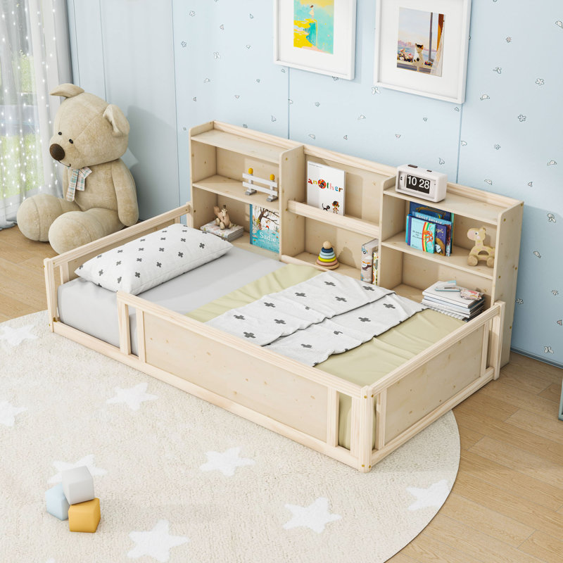 Lit plateforme en bois avec barrière de sécurité et tablettes latérales, Lit simple, Natural