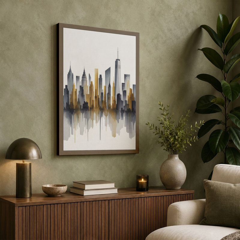 Mirrored Metropolis Modern - Wrapped Canvas, 36x24 - 91.4 x 61.0 cm, Terracotta Border