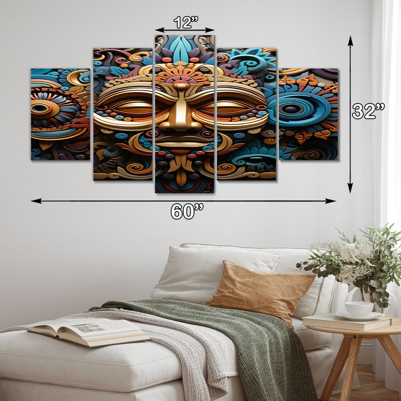  «Teal Gold Mexico Vibrant Aztec Mask I - Mexico, reproduction d'art sur toile - 5 panneaux