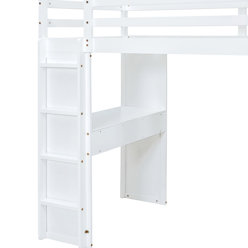 Lit mezzanine blanc avec tablettes de rangement pratiques, bureau et éclairage à DEL en bois massif, Full, White