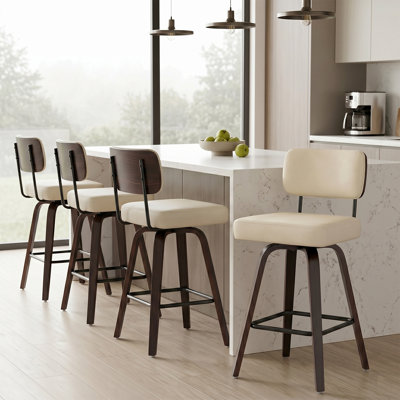 Ensemble de 4 tabourets de bar pivotants de style Mid-Century moderne de 26 po avec dossier courbé et pieds en bois massif