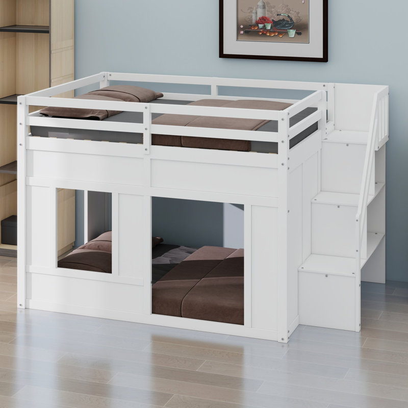 Lit mezzanine avec escalier de rangement et éclairage DEL intégré pour les chambres d'enfants, Full, White