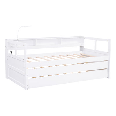 Twin XL Wood Daybed With 2 Trundles, 3 Storage Cubbies, 1 Light And USB Charging Design For Modern Convenience