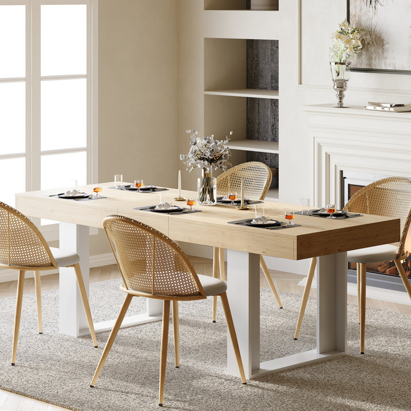 Rectangular Extendable Dining Table, White, Oak Wood