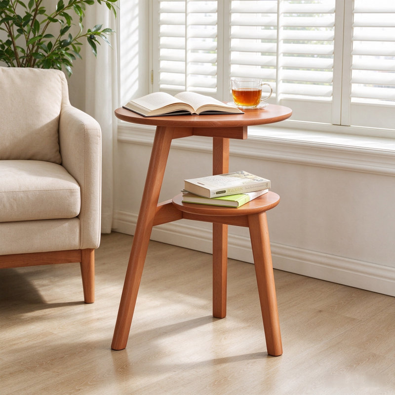 Table d'appoint ronde à 2 niveaux en bois massif avec tablette de rangement pour salon et chambre à coucher, couleur naturelle