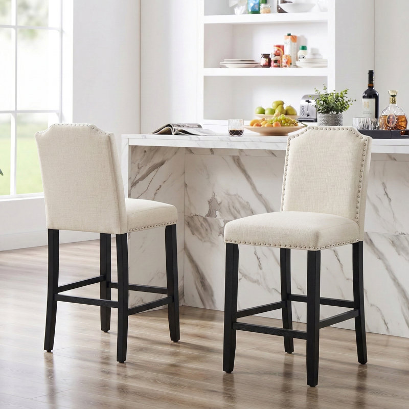24.5'' Mid-century Modern Upholstered Counter Height Barstools With Solid Wood Legs, Beige Fabric