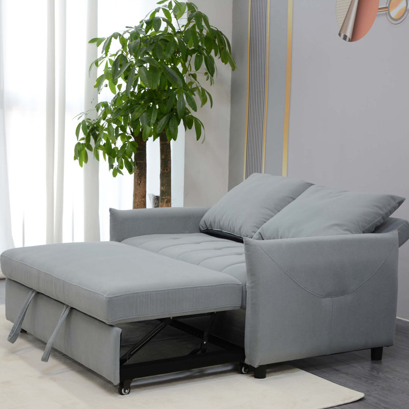 Convertible Sleeper Sofa Bed, Loveseat Sofa Bed With Pull-Out Bed, Adjsutable Back, Velvet Fabric Sofa With 2 Side Pockets, 2 Pillows