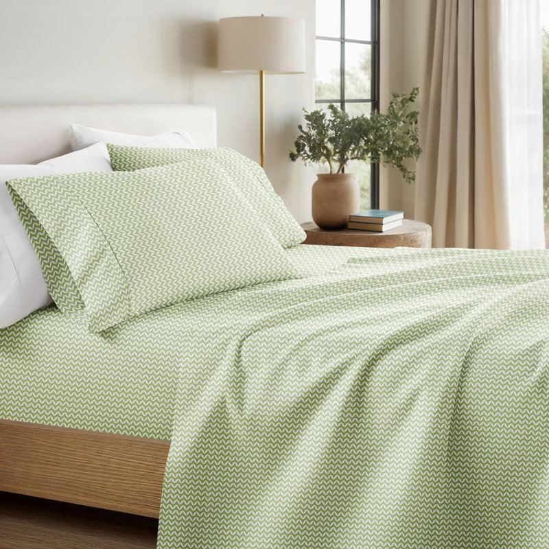 Simply Soft Chevron Geo Pattern Sheet Set, Queen Sheet Set + Fitted Sheet + 2 Pillowcases, Sage