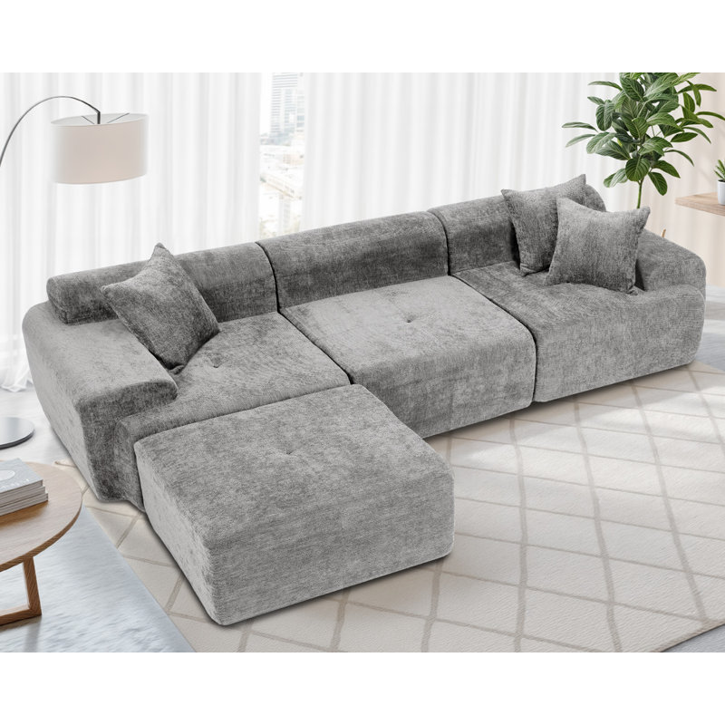 120" Sectional Sofa Comfy Cloud Couch For Living Room Modern Chenille Upholstered Sectional With Throw Pillows, Ottoman