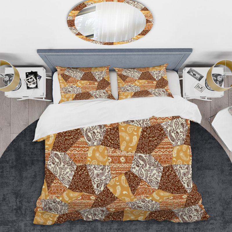 Gold And Brown Patchwork Polyester Patchwork Duvet Cover, King Duvet Cover + 2 King Shams