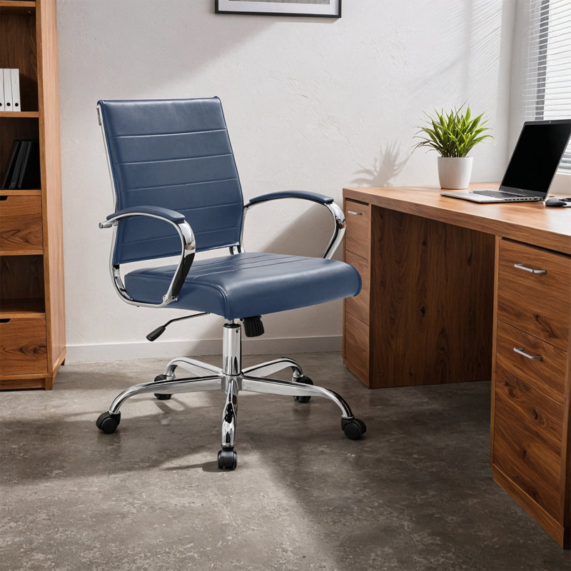 Mulkey Ribbed Faux Leather Mid-Back Office Chair, Mid Century Ergonomic Executive Desk Chair, Blue