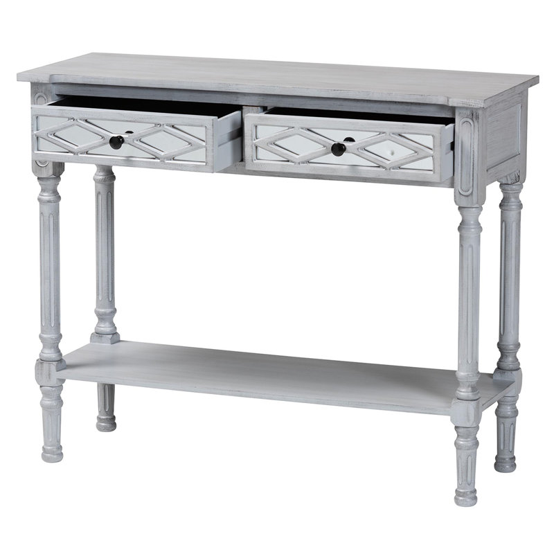 Gray Wood and Mirrored Glass 2-Drawer Console Table with Storage Shelf